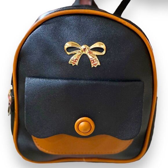 Black Mini Crossbody Backpack Multi Compartments Brown Accent Mini Bag - Picture 3 of 4